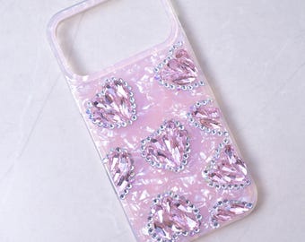 Handmade Heart Pink Shell Pattern Bling Phone Case:  iPhone 17 Pro Max, iPhone 17 Pro, iPhone 17, Galaxy S25 Ultra, Galaxy S24 Ultra