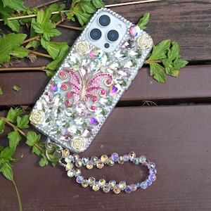 Pink Bling Butterfly Diamond Phone Case: iPhone 16/17 Pro Max, Galaxy
