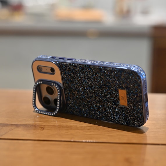 Blue Phone Case with Kickstand, Glitter Shockproof iPhone Case, Stand Holder Cover, Protective Case for iPhone 14,15,16,17,17pro,17promax