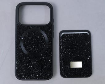 MagSafe Black Rhinestone Silicone iPhone Case with Card Holder: iPhone 17 Pro Max, iPhone 17 Pro, iPhone 17