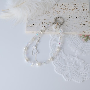 Personalized Phone Charm, White Crystal & Pearl Phone Strap, Iridescent Sparkly Beaded Phone Charm, Gift for Her