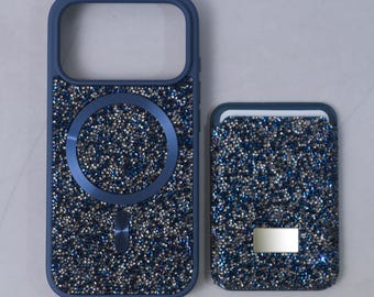MagSafe Dark Blue Rhinestone Silicone iPhone Case with Card Holder: iPhone 17 Pro Max, iPhone 17 Pro, iPhone 17