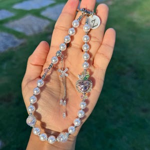 Handmade Pearl Pink Apple Phone Charm Strap, Beaded Bag Chain, Keychain Accessory