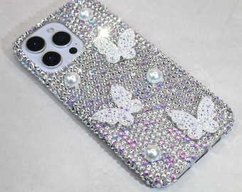 Handmade Butterfly Pearls Rhinestone Phone Case: iPhone 17 Pro Max, iPhone 17 Pro, iPhone 17, Galaxy S25 Ultra, Galaxy S24 Ultra
