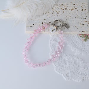 Personalized Phone Charm, Iridescent Phone Strap with Pink Beads, Beaded Phone Charm, Sparkling Polygon Crystal Wrist Strap, Gift for Her