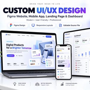 May include: A digital display showing custom UI/UX design services for websites, mobile apps, landing pages, and dashboards. The screen features a laptop, a smartphone, and a tablet, all displaying interface layouts with charts and text.