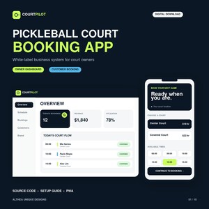 Puede incluir: Un diseño de interfaz digital para una aplicación de reserva de canchas de pickleball llamada CourtPilot. El diseño muestra un panel de control para propietarios con métricas y una vista móvil para seleccionar canchas y horarios.