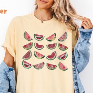 Faux Patchwork Watermelon Comfort Colors® Shirt, Quilted Floral Fruit Graphic, Summer Fruit Patchwork Tee, Cottagecore Watermelon Lover Gift