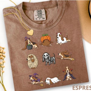 Pu&ograve; includere: Una t-shirt color espresso con una stampa grafica di otto cani Basset Hound in vari costumi di Halloween, tra cui una strega, una zucca, un fantasma, una mummia, uno scheletro e un vampiro. La maglietta ha un'etichetta del marchio Comfort Colors.