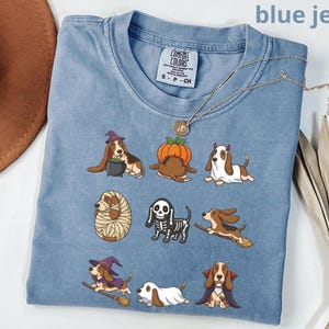 Pu&ograve; includere: Una t-shirt color blu jeans con una stampa grafica di nove cani Basset Hound in vari costumi di Halloween, tra cui una strega, una zucca, un fantasma, una mummia, uno scheletro e un vampiro. La maglietta presenta un'etichetta Comfort Colors.