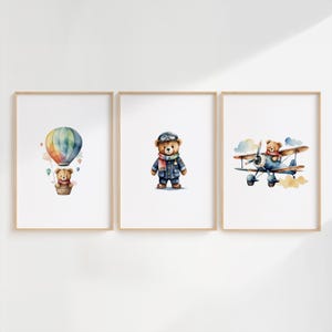 Luftfahrt Kinderzimmer Druck, Teddy Bär Aquarell Wandkunst, Heißluftballon Wand Kunst, Flugzeug-Baby-Dekor - Printable Set von 3 Poster