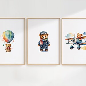 Aviation Nursery Print, Teddy Bear Watercolor Wall Art, Hot Air Balloon Wall Art Print, Airplane Baby Decor - Printable Set of 3 Poster