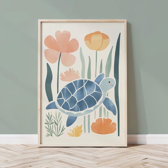 Sea Turtle Nursery Decor: Hawksbill Turtle Watercolor Sea life Boho Coastal Wall Art for Gender Neutral Baby Room Wall Decor Digital Print