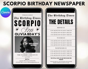 Editable Scorpio Birthday Weekend Newspaper Invitation, Digital Scorpio Birthday Girl Trip Newspaper Invite, Bday Itinerary, Canva Template