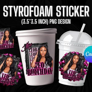 May include: A digital design for a styrofoam sticker measuring 3.5 by 3.5 inches, featuring a portrait of a person with long dark hair, framed by black ornate borders and pink hearts, with the text Mia, Leo, and Birthday in pink lettering.