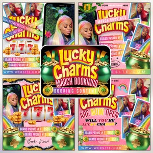 May include: A collage of images promoting a hair braiding service called "Lucky Charms". The images feature women with colourful hair extensions, a slot machine with the number 777, and gold coins. The text "Lucky Charms March Bookings" is displayed in a large font. The text "Brand Promo #1 £555" and "Brand Promo #2 £555" are also displayed. The website address "www.website.com" is included.