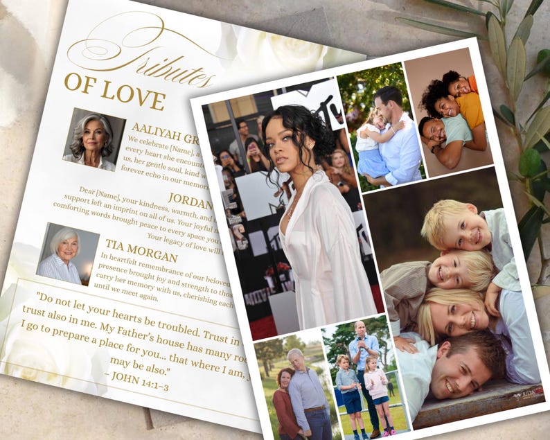 Pode incluir: Um cart&atilde;o de mem&oacute;ria com o texto "Tributos de Amor" e fotos de pessoas. O cart&atilde;o inclui texto sobre a celebra&ccedil;&atilde;o de uma vida e uma cita&ccedil;&atilde;o de Jo&atilde;o 14:1-3. Uma colagem de fotos de fam&iacute;lia tamb&eacute;m est&aacute; inclu&iacute;da.