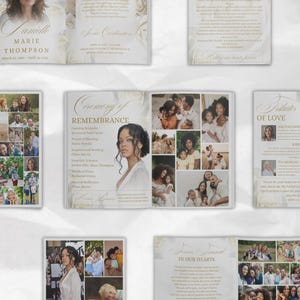 Pode incluir: Uma cole&ccedil;&atilde;o de programas de servi&ccedil;os memoriais com detalhes florais. Os programas apresentam fotos, nomes e datas, com textos como "Cerim&oacute;nia de Recorda&ccedil;&atilde;o" e "Tributos de Amor". O design tem uma est&eacute;tica suave e elegante.
