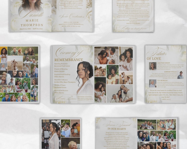 Pode incluir: Uma cole&ccedil;&atilde;o de programas de servi&ccedil;os memoriais com detalhes florais. Os programas apresentam fotos, nomes e datas, com textos como "Cerim&oacute;nia de Recorda&ccedil;&atilde;o" e "Tributos de Amor". O design tem uma est&eacute;tica suave e elegante.