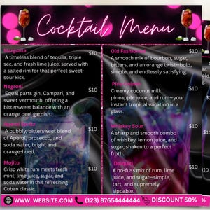 Cocktailmenü-Flyer, DIY-Flyer-Vorlagendesign, Pink-Menü-Flyer, Barkeeper-Flyer, Signatur-Getränkeschild, vorgefertigtes Getränkemixologen-Flyer