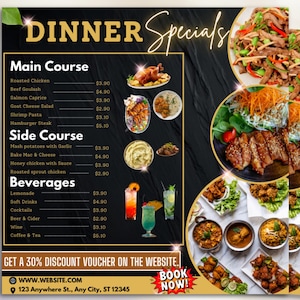 Ulotka z ofertami specjalnymi na kolację, projekt szablonu ulotki DIY, ulotka z wyprzedażą kolacji, ulotka z ofertami menu kolacji, ulotka restauracji, gotowe promocyjne materiały cateringowe