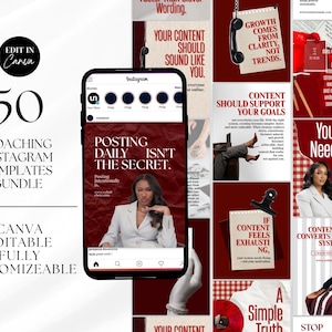 May include: A bundle of 50 coaching Instagram templates, fully customizable in Canva. The design features a smartphone displaying a template with the text "Posting Daily Isn't The Secret." The color scheme is primarily burgundy and white.