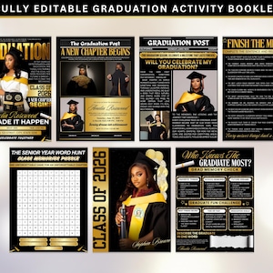 May include: A graduation activity booklet with a black and gold theme. The booklet includes pages with the text "Graduation 2026", "A New Chapter Begins", and "Finish the Memory". The booklet features photos of graduates.