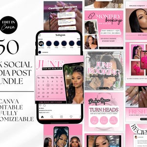 May include: A pink social media post bundle with 50 templates. The design includes phone mockups, calendar, and text that says "June Booking" and "Turn Heads". The text "Edit in Canva" is also visible.