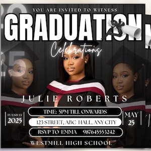 May include: A black and white graduation invitation with a photo of two women in graduation gowns. The invitation reads "You are invited to witness Graduation Celebrations" and includes the graduate's name, Julie Roberts, the date, Tuesday, May 25, 2025, the time, 5pm till onwards, the location, 123 Street, ABC Hall, Any City, and the RSVP information, RSVP to Emma 987645553242, Westmill High School.