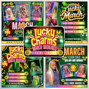 Può includere: Quattro volantini promozionali colorati per un salone di parrucchiere chiamato "Lucky Charms". I volantini presentano un trifoglio verde, monete d'oro e il testo "Lucky Charms March Bookings".