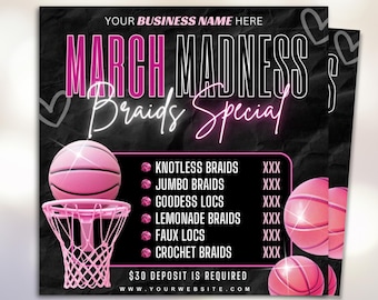 March Madness Flyer, March Booking Flyer, March Hair Flyer, March Braid Flyer, March Lash Flyer, Wax Flyer, Canva Editable, Digital Download