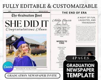 Graduation Newspaper Template | Graduation Invitation | Printable Grad Announcement | Graduation Party Invite | Newspaper Graduation Gift
