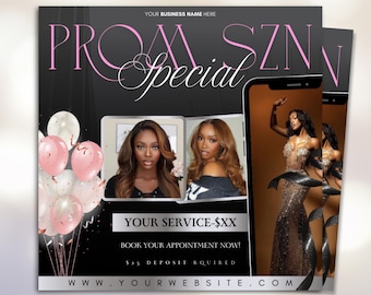 Modello di volantino per prenotazione speciale di ballo di fine anno fai da te modificabile - Appuntamenti per capelli, ciglia, trucco e unghie disponibili