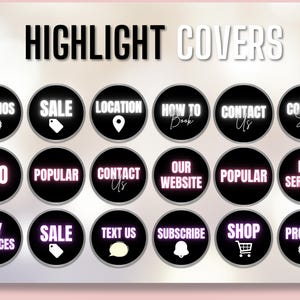 Pode incluir: Um conjunto de capas de destaque do Instagram em preto e branco com v&aacute;rias etiquetas de texto em branco e rosa, incluindo "Promos", "Sale", "Location" e "Shop". As palavras "Highlight Covers" est&atilde;o no topo.