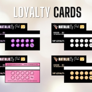 Pode incluir: Cart&otilde;es de fidelidade VIP pretos e rosa com o texto "LOYALTY CARDS". Os cart&otilde;es apresentam o nome "NATALIE By Pink", um n&uacute;mero de cart&atilde;o e uma &aacute;rea de selos com n&uacute;meros e um desconto de 50%. Um cart&atilde;o &eacute; rosa, os outros s&atilde;o pretos.