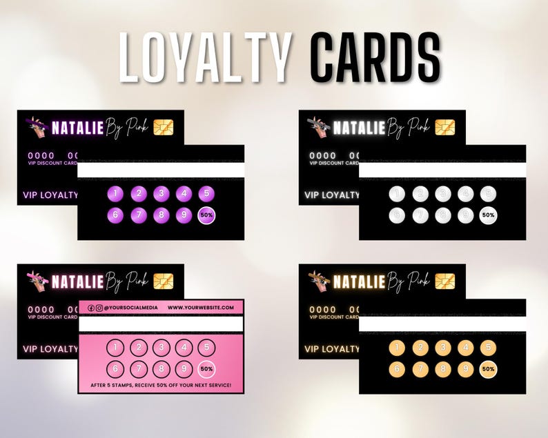 Pode incluir: Cart&otilde;es de fidelidade VIP pretos e rosa com o texto "LOYALTY CARDS". Os cart&otilde;es apresentam o nome "NATALIE By Pink", um n&uacute;mero de cart&atilde;o e uma &aacute;rea de selos com n&uacute;meros e um desconto de 50%. Um cart&atilde;o &eacute; rosa, os outros s&atilde;o pretos.
