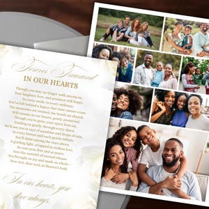 Pode incluir: Um cart&atilde;o de mem&oacute;ria com o texto "Forever Treasured In Our Hearts" em escrita elegante. O cart&atilde;o apresenta um poema e uma colagem de fotos de fam&iacute;lia. Rosas brancas no fundo.