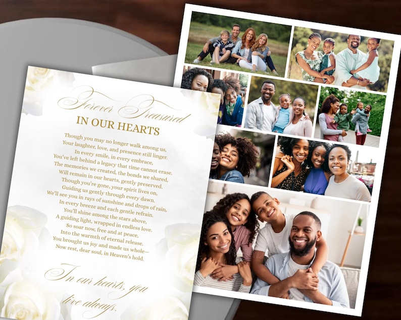 Pode incluir: Um cart&atilde;o de mem&oacute;ria com o texto "Forever Treasured In Our Hearts" em escrita elegante. O cart&atilde;o apresenta um poema e uma colagem de fotos de fam&iacute;lia. Rosas brancas no fundo.