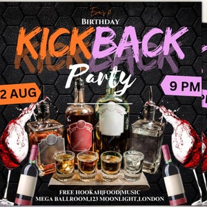 Può includere: Un invito in bianco e nero con uno sfondo a nido d'ape. Il testo "Eva's 12 Birthday Kickback Party" è in rosa e arancione. La data è "2 AUG" e l'ora è "9 PM". L'invito include anche il testo "FREE HOOKAH|FOOD|MUSIC MEGA BALLROOM, 123 MOONLIGHT, LONDON".