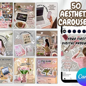 May include: Aesthetic Instagram carousel templates with a Canva logo. The image features a collection of digital product guides, including mockups, weekly structures, and niche problem-solving strategies. The text includes "Your First Digital Product" and "The Aesthetic Girl's Guide."
