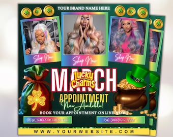 March Booking Flyer, March Flyer, St.Patricks Day Flyer, Book Now Flyer, March Madness Flyer, MUA, Lashes, Nails, Hair, Braid