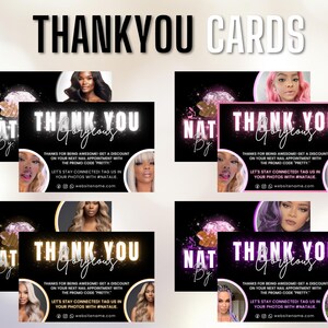 Pode incluir: Cart&otilde;es de agradecimento pretos e dourados com o texto "THANK YOU Gorgeous" e o nome "NAT Dy". Os cart&otilde;es apresentam imagens de mulheres e uma oferta de desconto para marca&ccedil;&atilde;o de unhas.