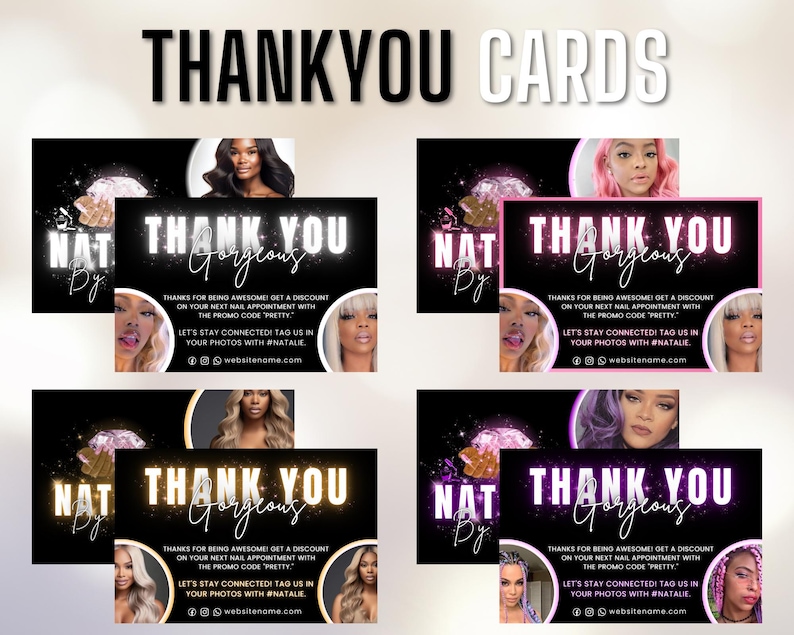 Pode incluir: Cart&otilde;es de agradecimento pretos e dourados com o texto "THANK YOU Gorgeous" e o nome "NAT Dy". Os cart&otilde;es apresentam imagens de mulheres e uma oferta de desconto para marca&ccedil;&atilde;o de unhas.