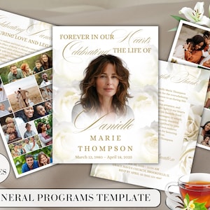 May include: Funeral program template with a portrait of a woman, surrounded by white roses. The text reads "Forever in Our Hearts Celebrating the Life of Danielle Marie Thompson" and includes dates. Additional pages and family photos are visible.