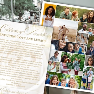 Pode incluir: Uma colagem memorial com fotos de fam&iacute;lia e uma p&aacute;gina impressa &agrave; esquerda. A p&aacute;gina tem texto dourado que diz "Celebrating Danielle, Enduring Love and Legacy."