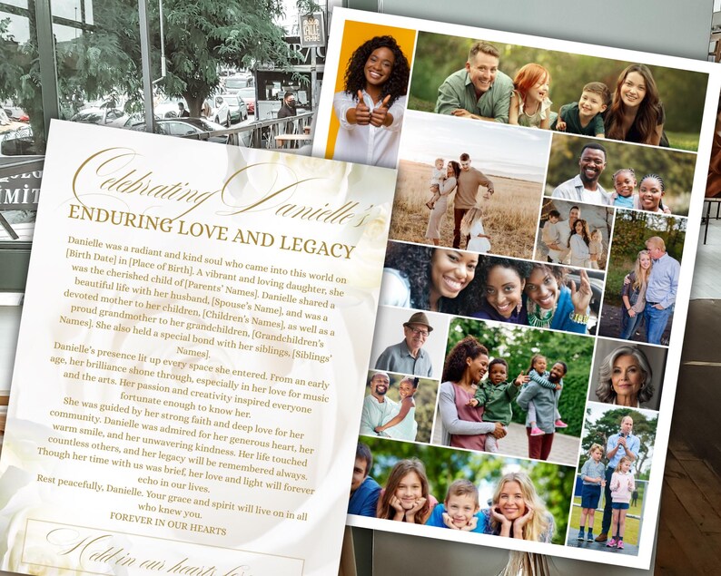 Pode incluir: Uma colagem memorial com fotos de fam&iacute;lia e uma p&aacute;gina impressa &agrave; esquerda. A p&aacute;gina tem texto dourado que diz "Celebrating Danielle, Enduring Love and Legacy."