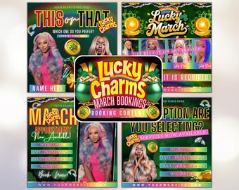 4x March Booking Flyer, Rezerwacje w marcu, Ulotka St. Patricks, March Madness, Marzec Hair, Warkocze, Paznokcie, Rzęsy, Mua, Peruka Instaall, Ulotka Booking