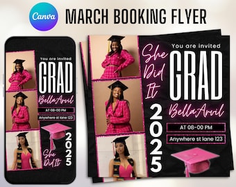 Puede incluir: Un folleto de fiesta de graduación negro y rosa con el texto "You are invited GRAD Bella Arvil AT 08-00 PM Anywhere st lane 123 She Did It 2025" y un collage de fotos de una mujer con un atuendo rosa y un gorro de graduación.