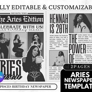 May include: Black and white Aries birthday newspaper template. The design includes the text "The Aries Edition", "Celebrate with us!", and "Aries Birthday Season". The template also features photos of women and the text "Henna is 20th".