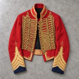 May include: A bright red military-style jacket featuring elaborate gold braided cord detailing across the front, a high collar, and gold button accents. The sleeves are adorned with gold embroidery and dark blue cuffs, with a black interior lining.